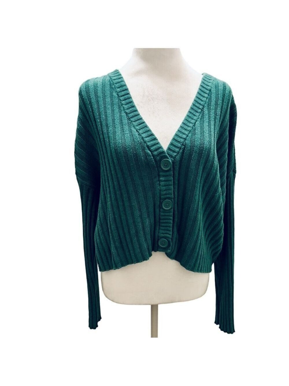 American Eagle Green Boxy Ribbed Button Up Cropped Cardigan Sweater M - Picture 3 of 10